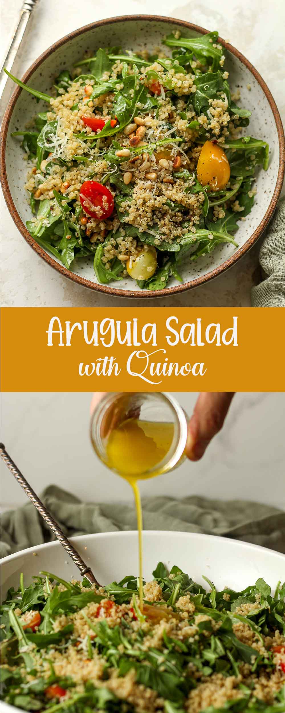 Two photos of arugula salad with quinoa.