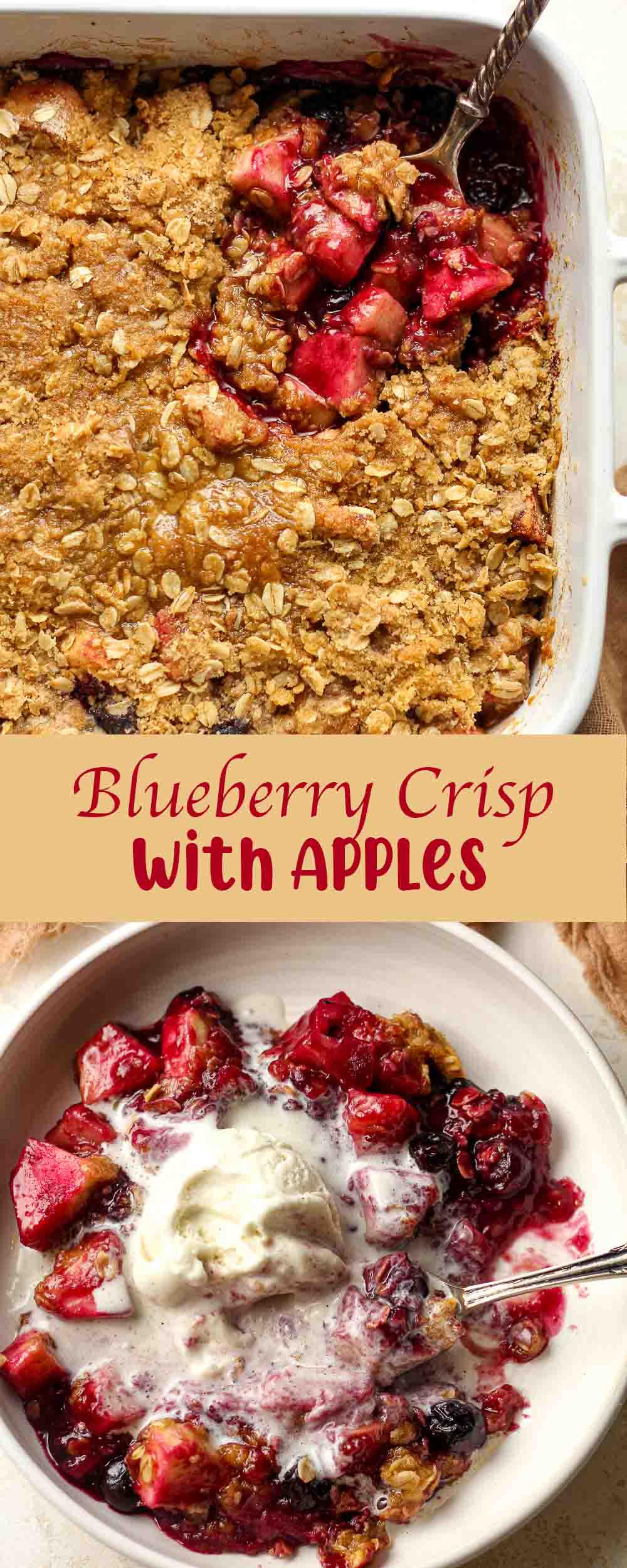 Two photos of the blueberry crisp with apples.