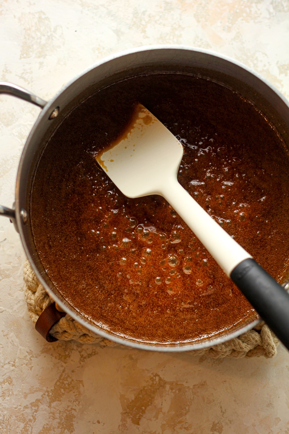 A pan of the bubbly butterscotch mixture.