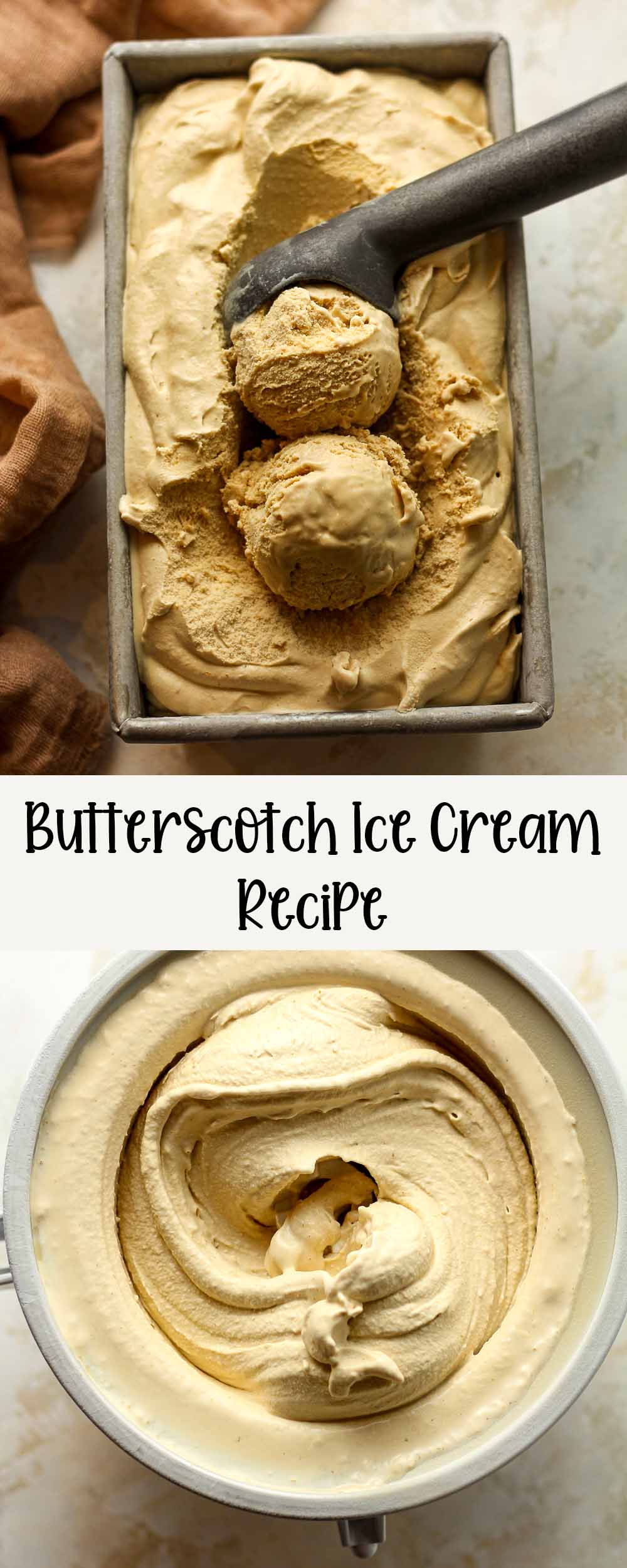 Two photos of butterscotch ice cream recipe.