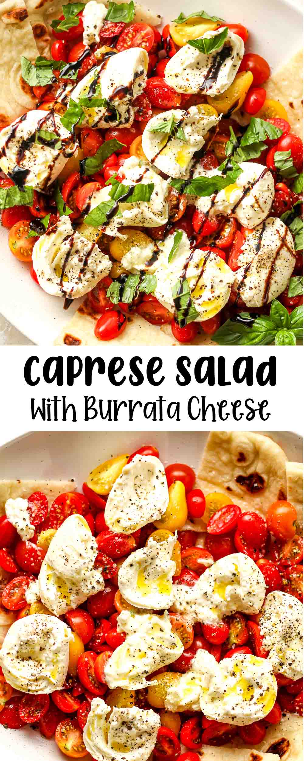 Two photos of caprese salad with burrito cheese.