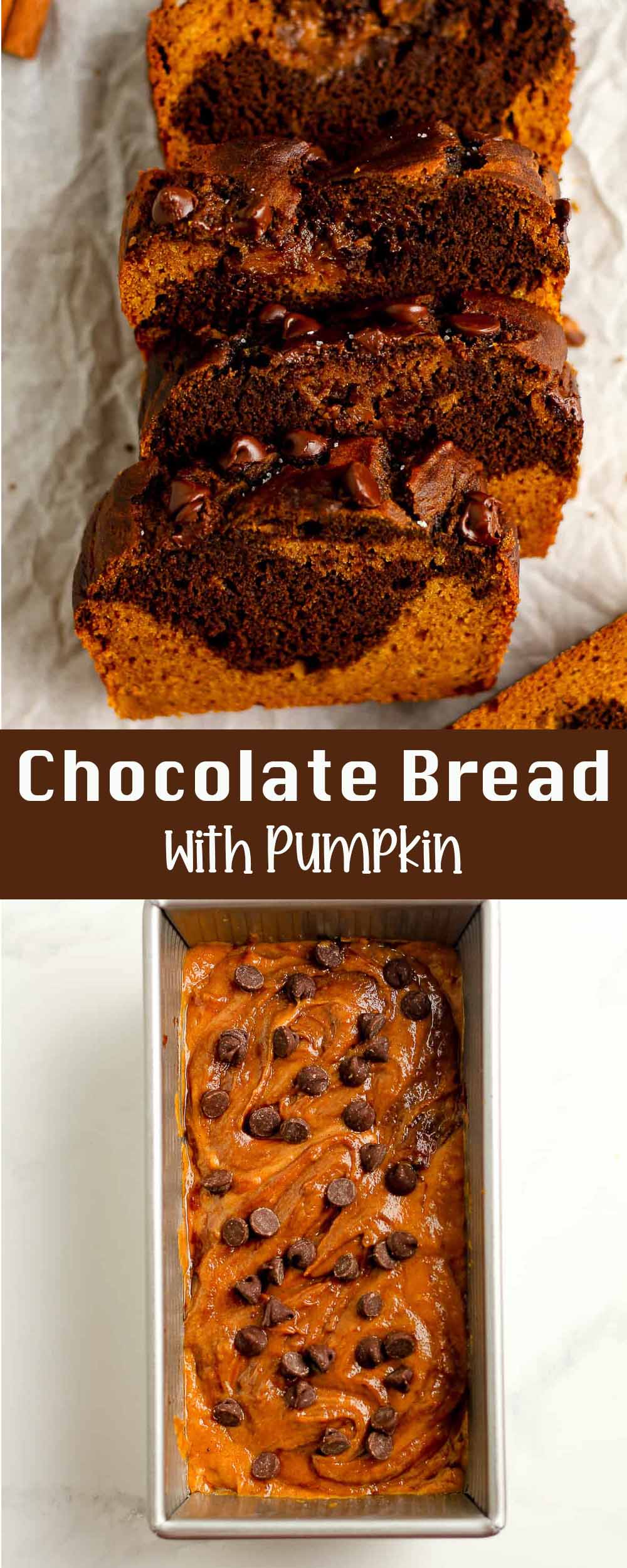 Two photos - one of the sliced chocolate bread with pumpkin and another of the batter in the loaf pan.