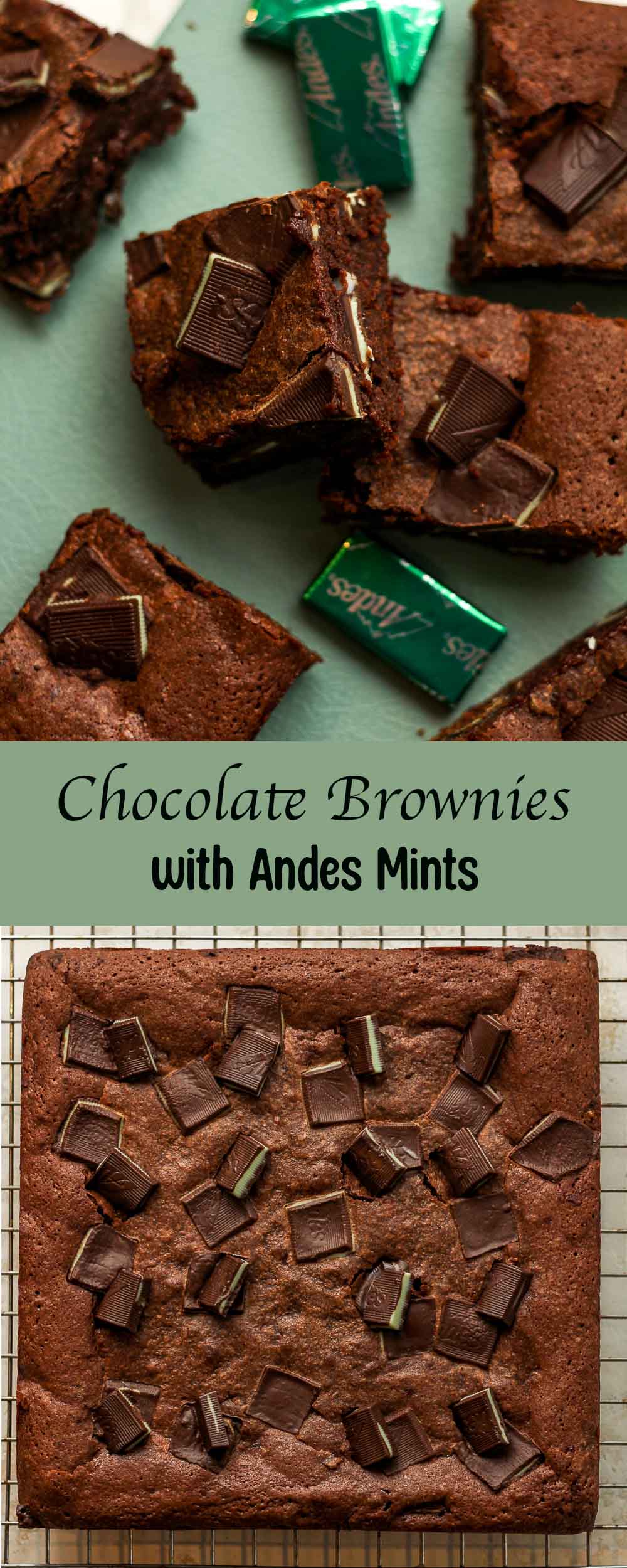 Two photos of chocolate brownies with Andes mints.