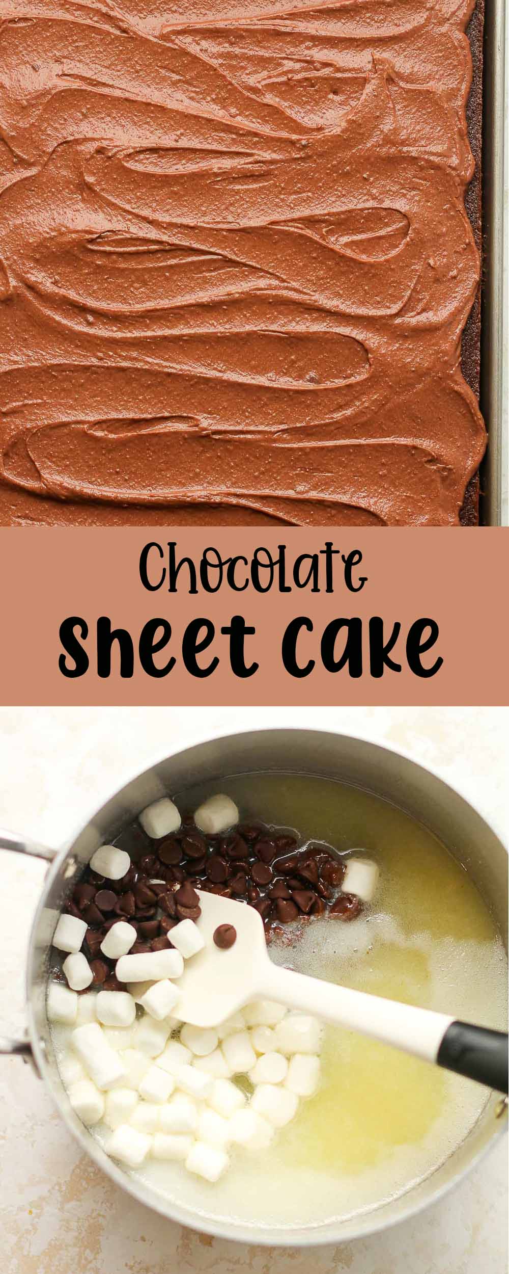 Two photos of chocolate sheet cake.