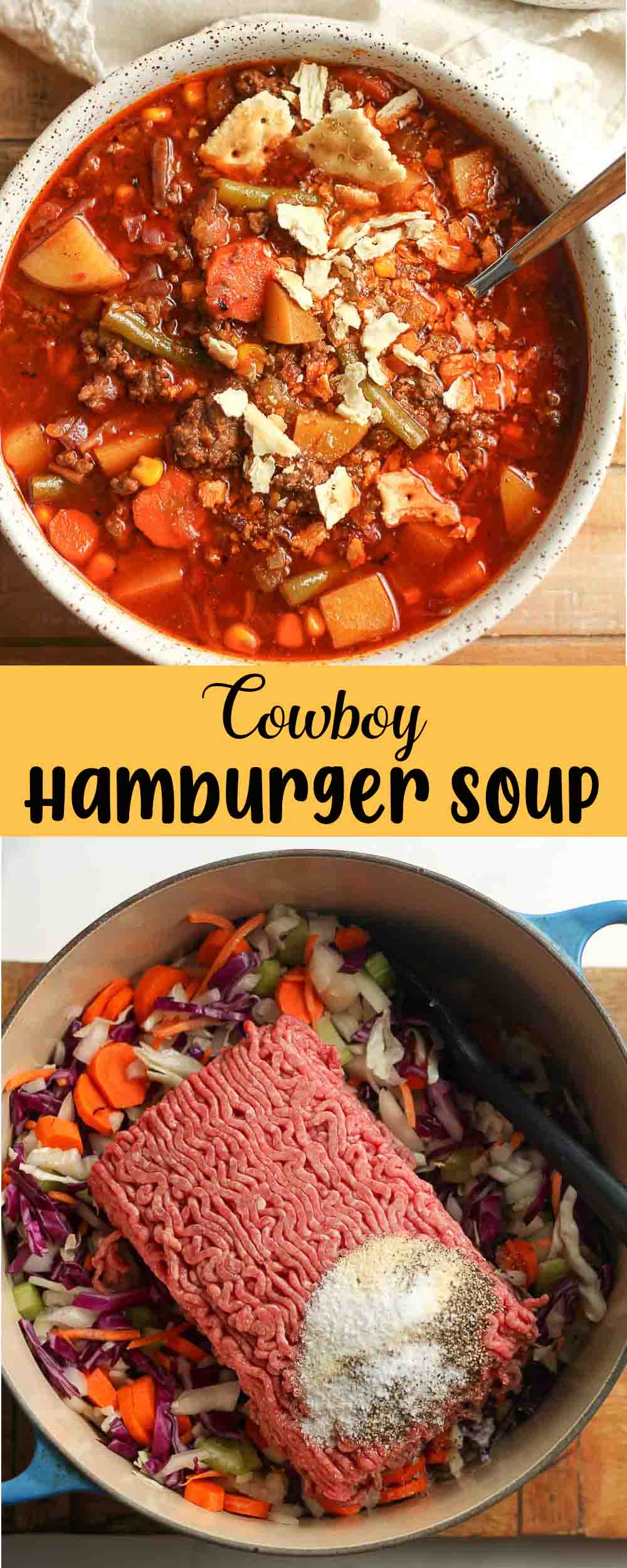 Two photos of Cowboy Hamburger Soup.