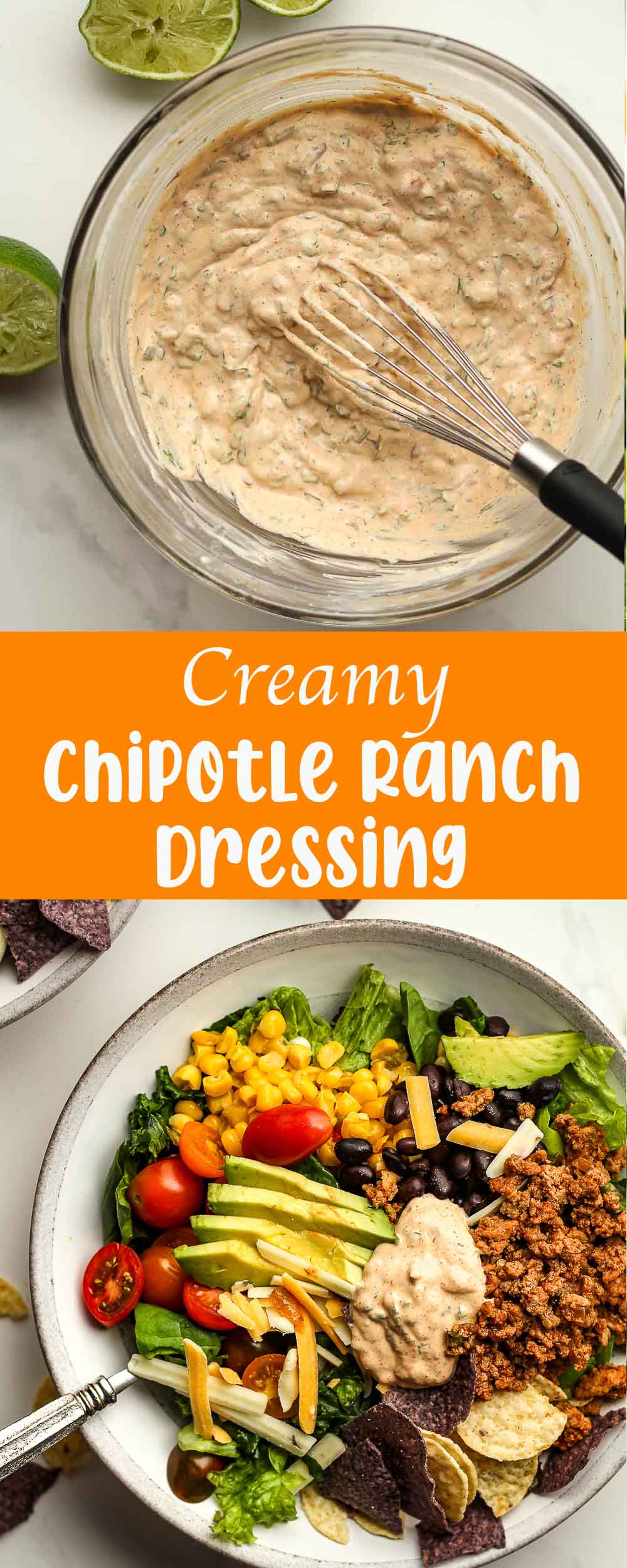 Two photos of creamy chipotle ranch dressing.