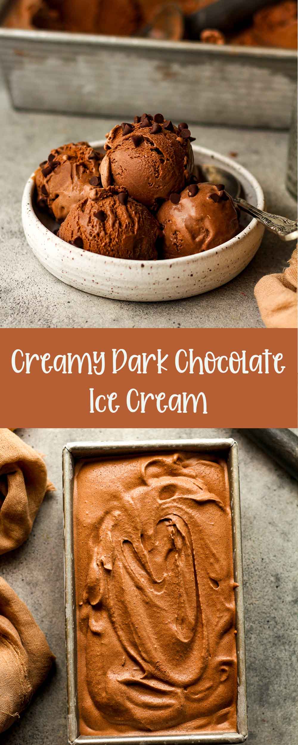 Two photos of creamy dark chocolate ice cream.