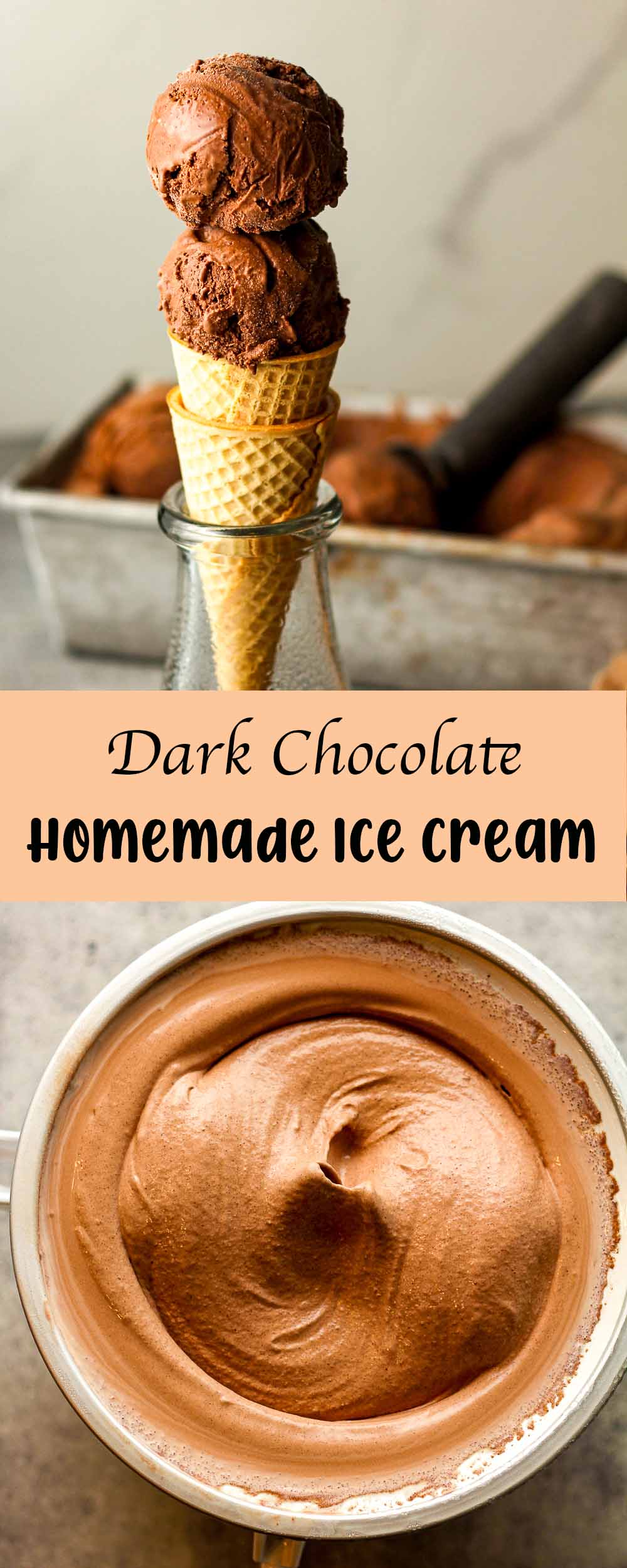 Two photos of dark chocolate homemade ice cream.