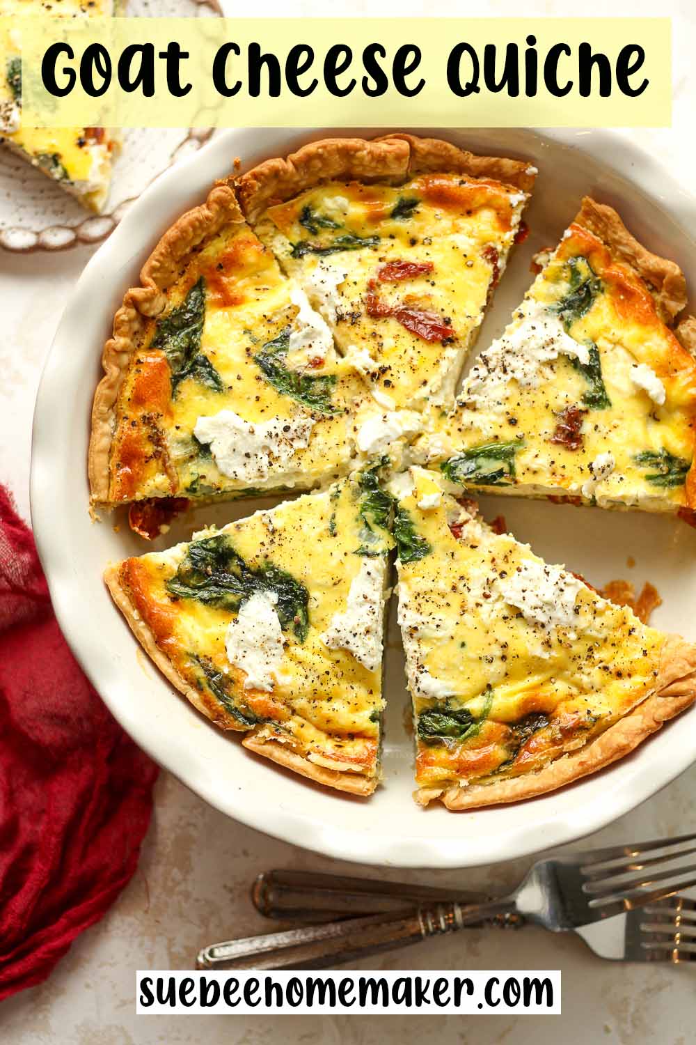 A pie plate with a goat cheese quiche sliced into pieces.