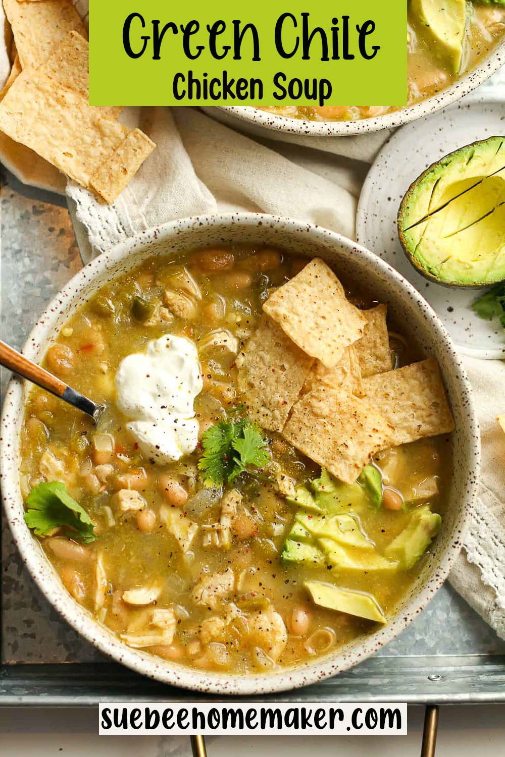 A bowl of green Chile chicken soup with tortilla chips.