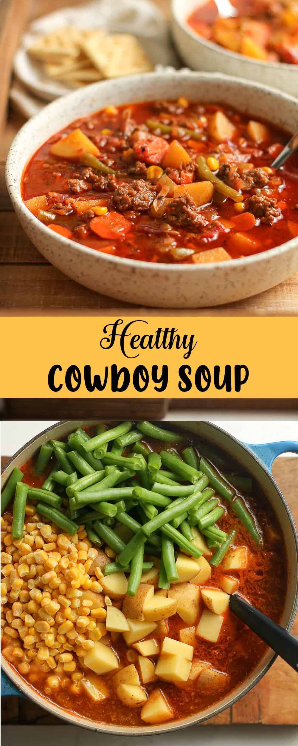 Two photos of healthy cowboy soup.