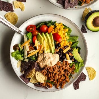A bowl of the healthy taco salad with avocado.