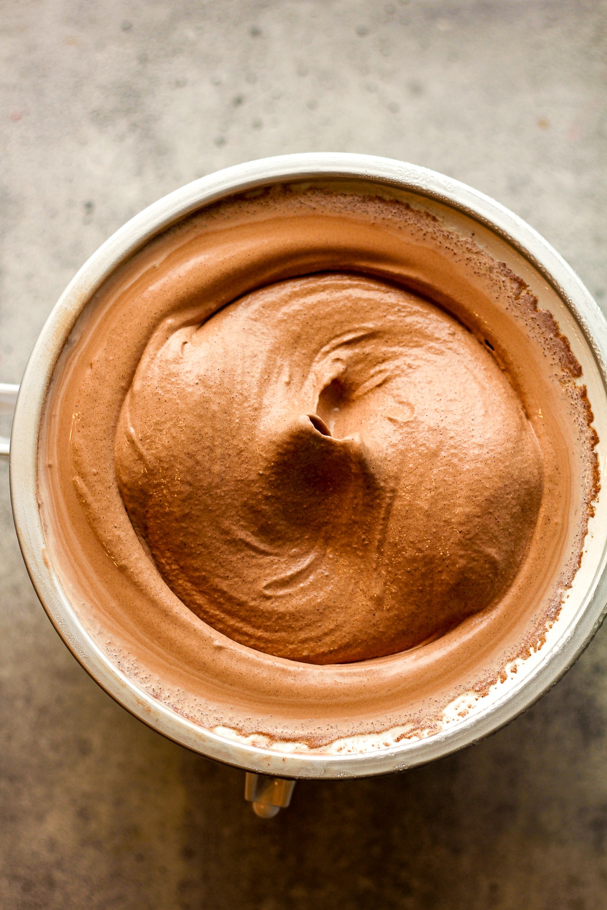 Some just churned dark chocolate ice cream in a KitchenAid attachment.