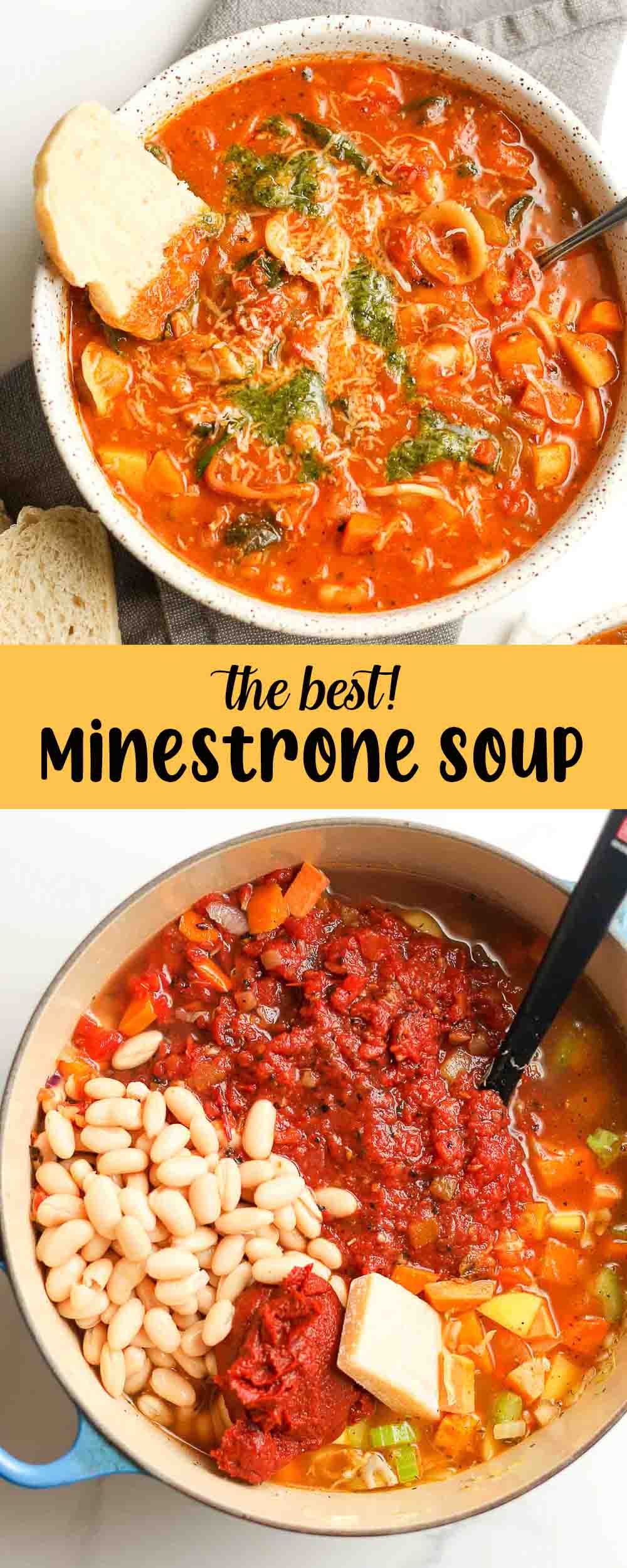 Two photos of minestrone soup.