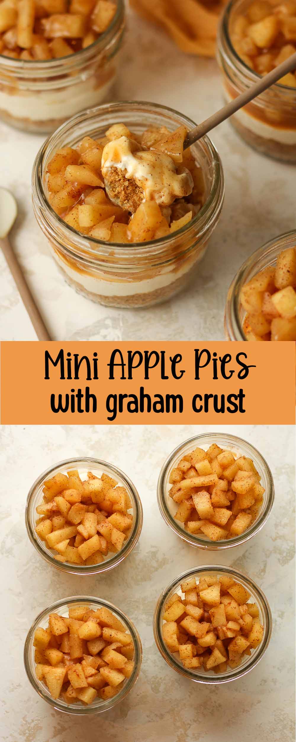 Two photos of mini apple pies with graham crust.