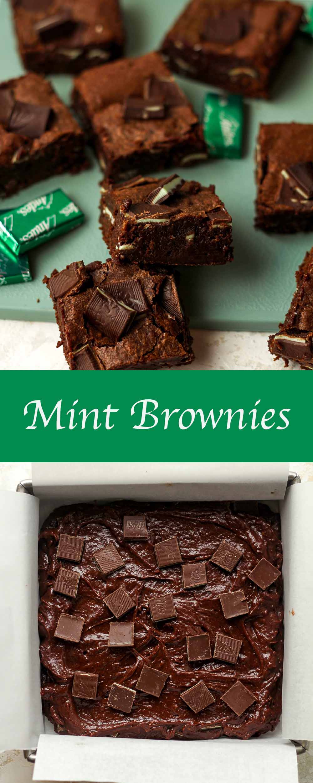 Two photos of mint brownies, one of the batter before baking.