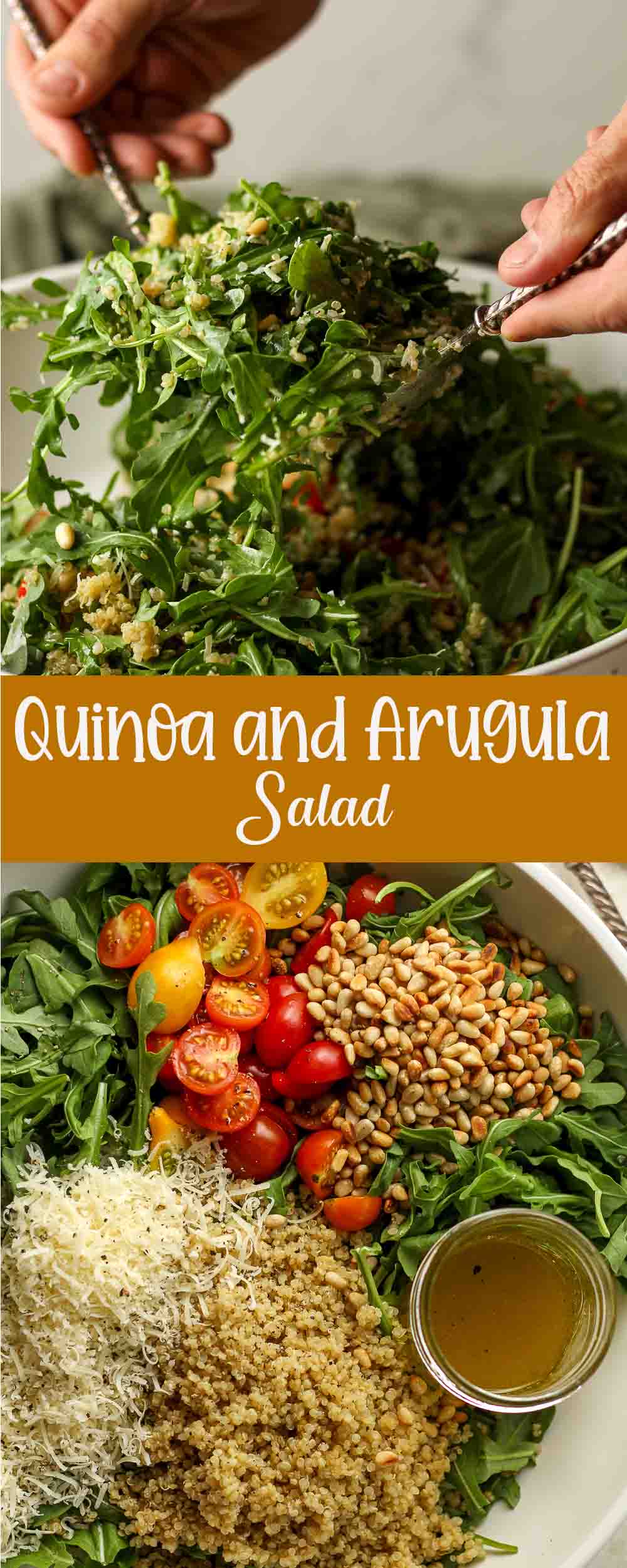 Two photos of quinoa and arugula salad with pine nuts.