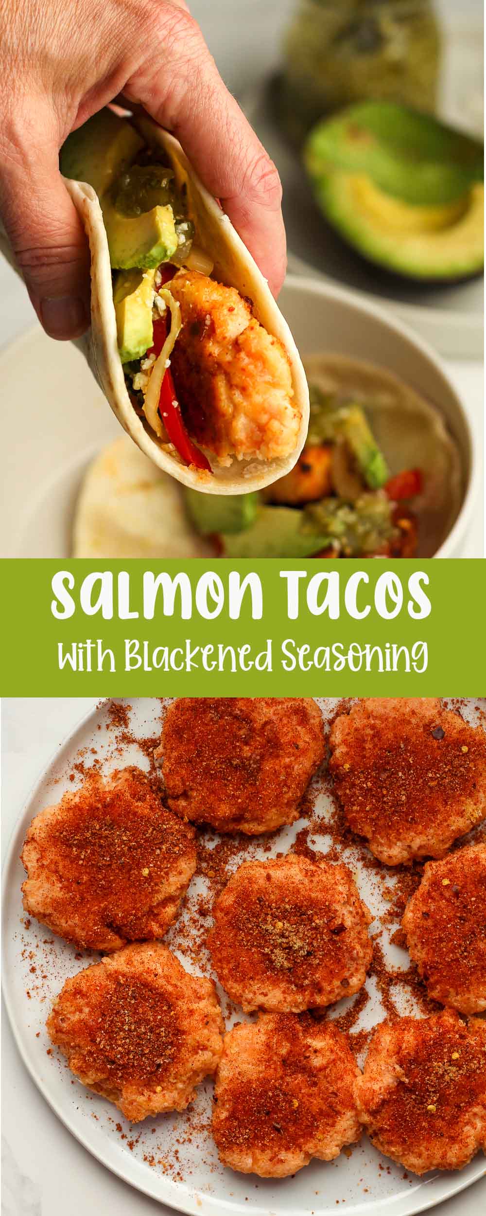 Two photos for salmon tacos with blackened seasoning.