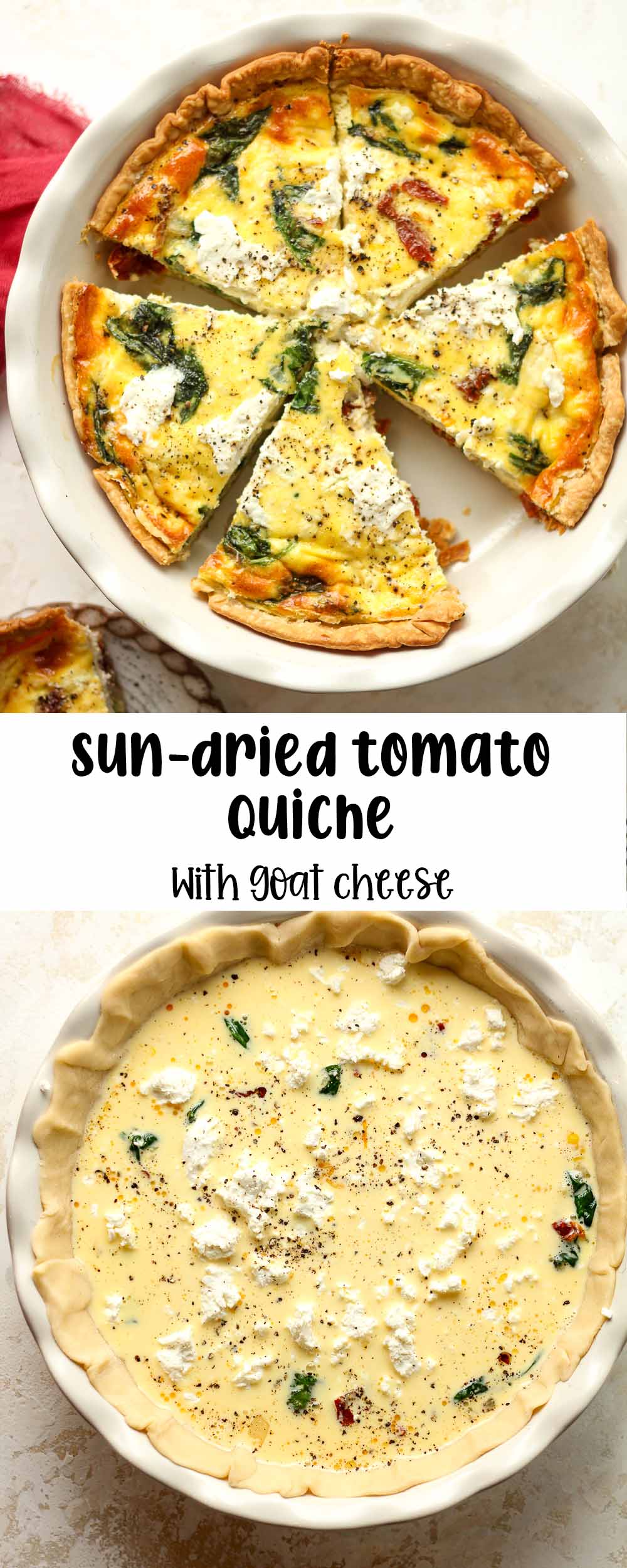 Two photos of Sun-Dried Tomato Quiche with goat cheese and fresh veggies.