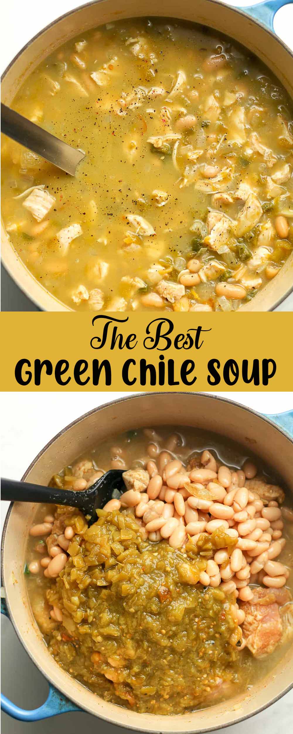 Two photos of the best green Chile soup.