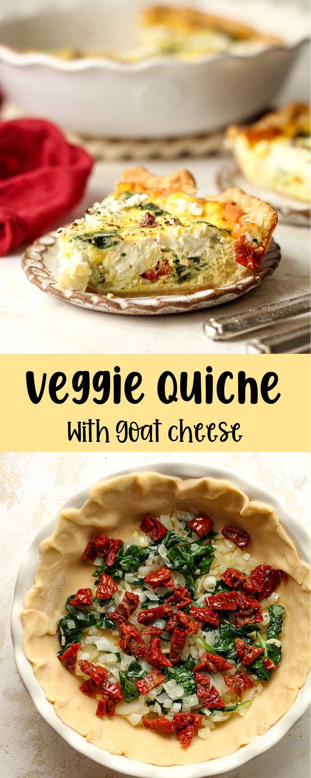 Two photos of veggie quiche with goat cheese