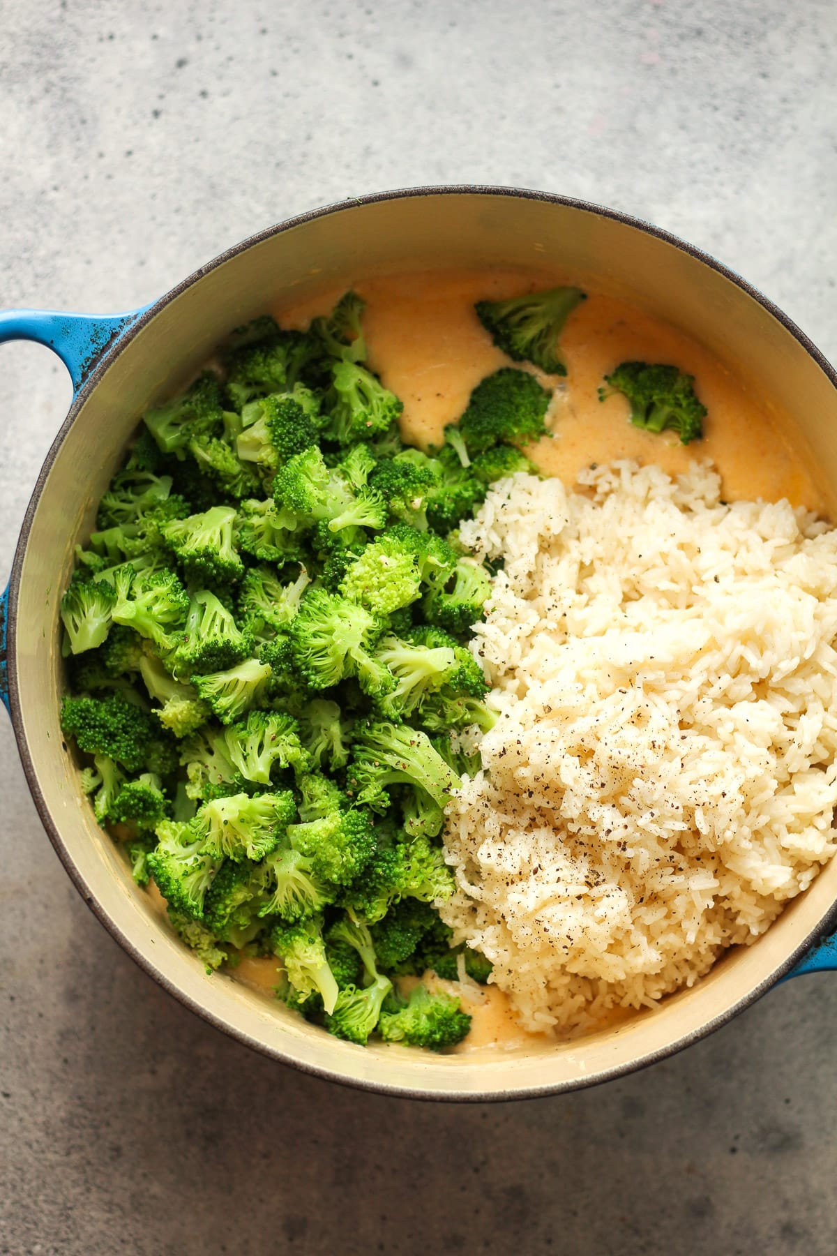 A dutch oven of the sauce plus broccoli and rice on top.