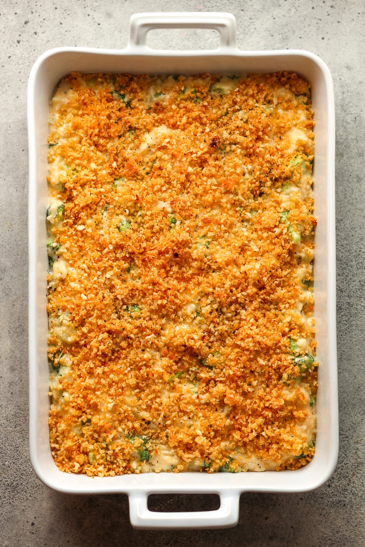 A casserole dish of the casserole plus the crunchy breadcrumb topping.