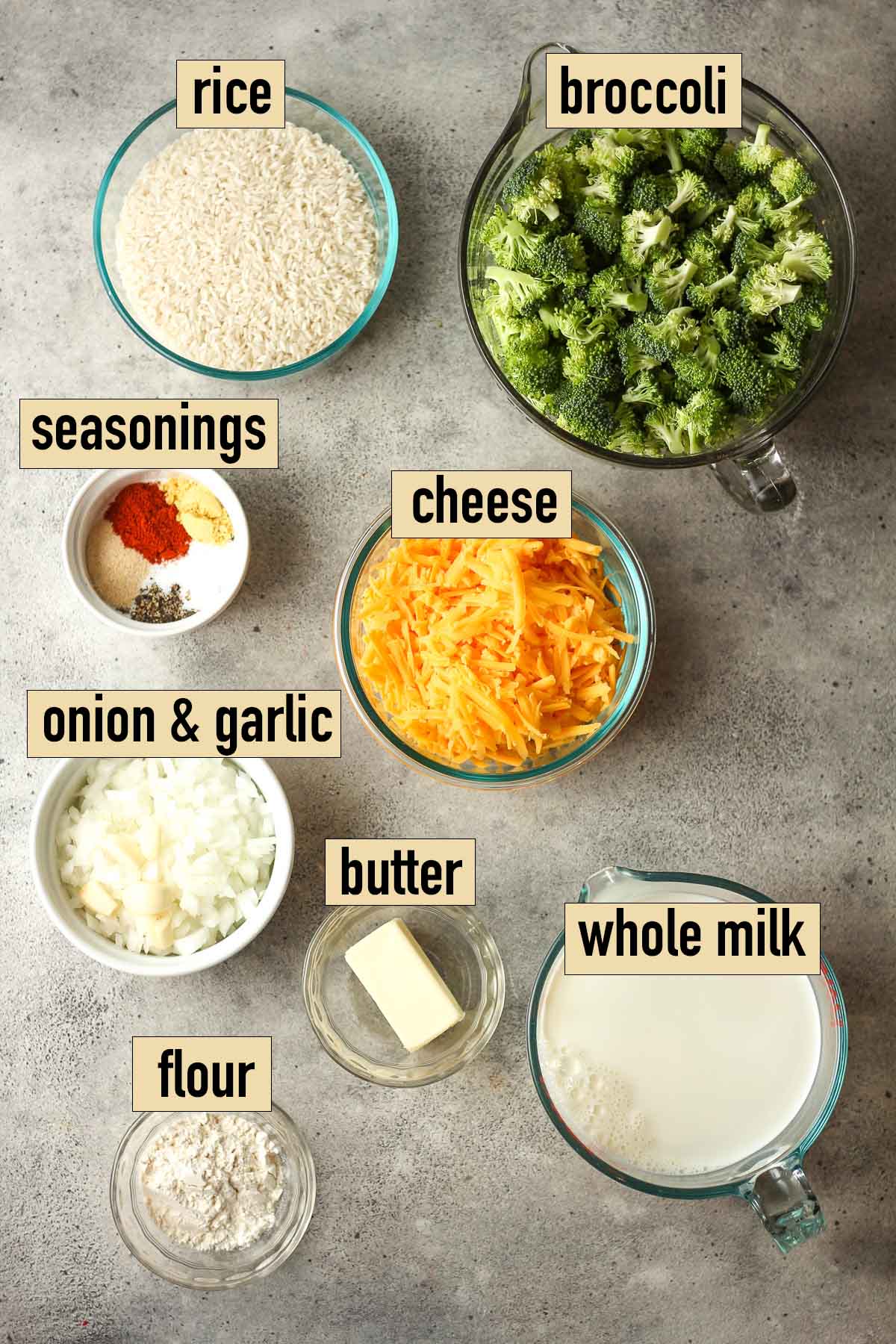 Labeled ingredients for broccoli rice casserole.