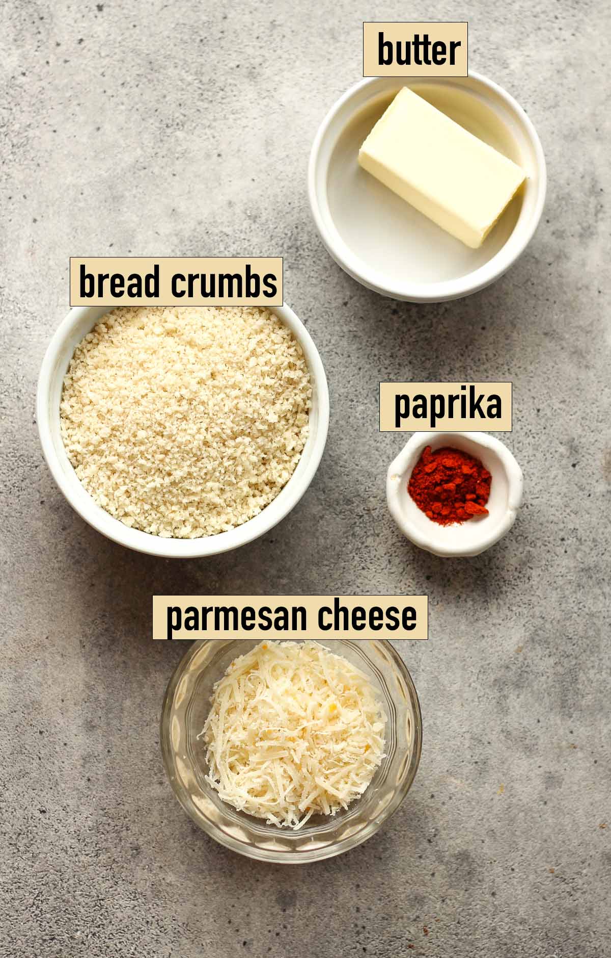 Labeled ingredients for the broccoli rice topping.