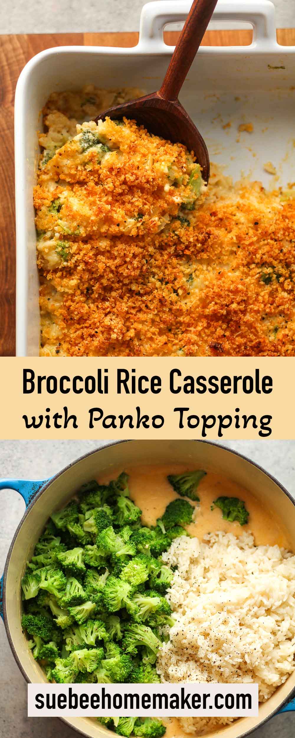 Two photos of broccoli rice casserole with panko topping.