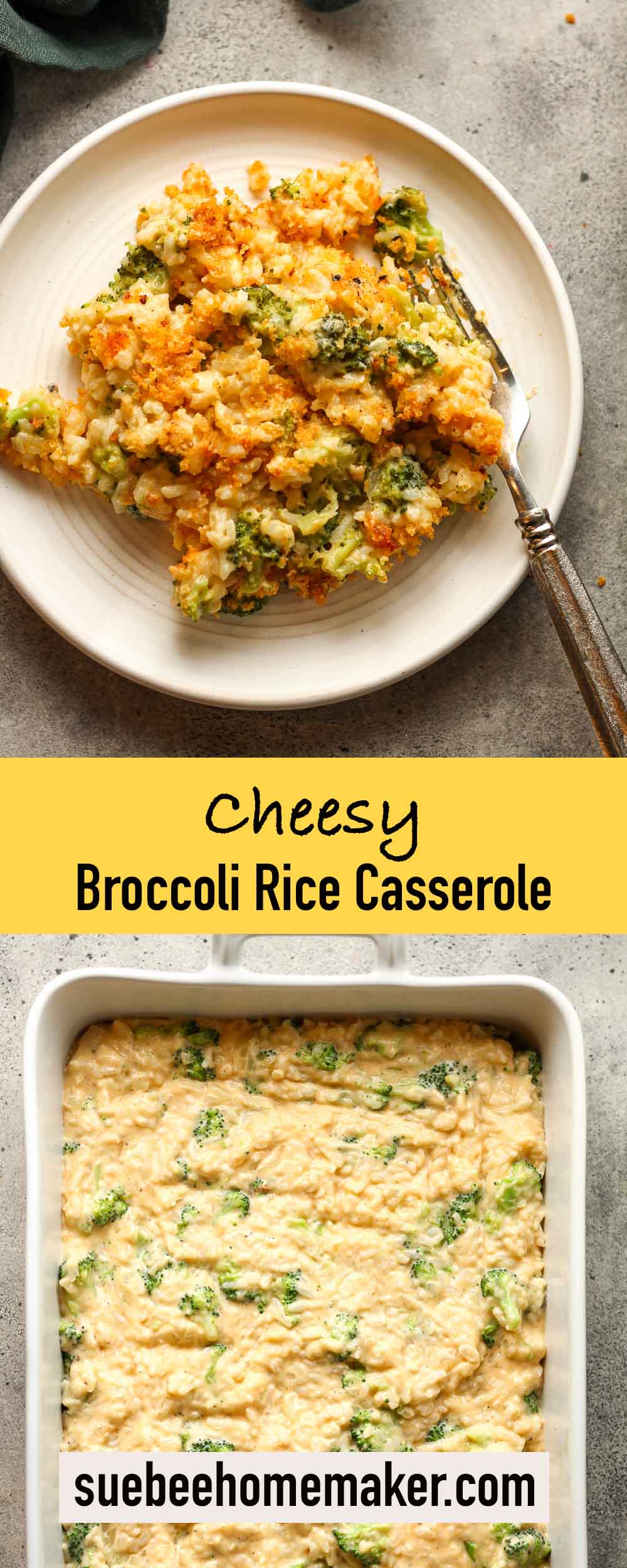 Two photos of a cheesy broccoli rice casserole.