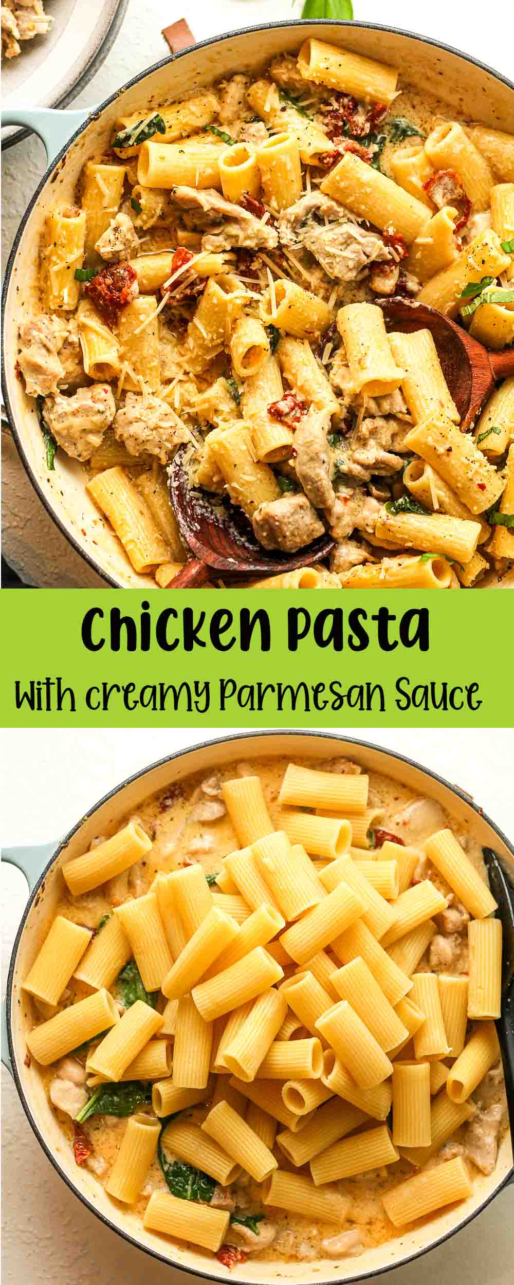 Two photos of chicken pasta with creamy parmesan sauce.