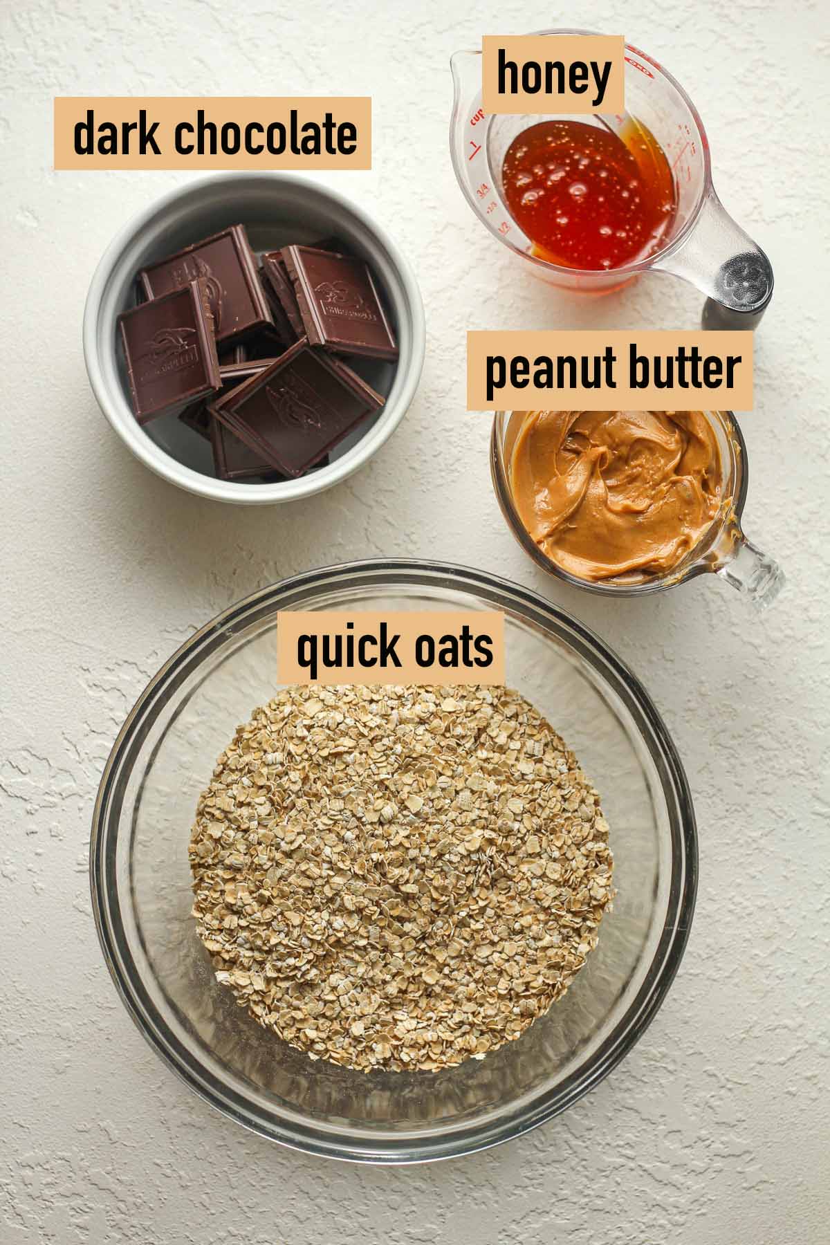 Labeled ingredients for the chocolate peanut butter oat cups.