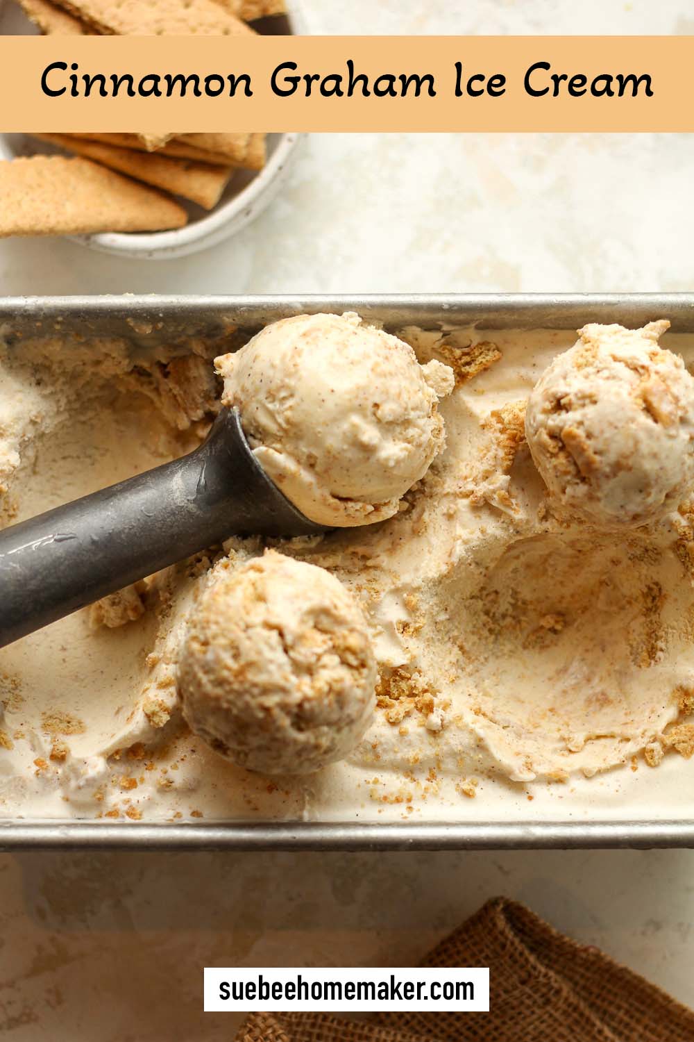 A loaf pan of cinnamon ice cream with a scoop of ice cream.