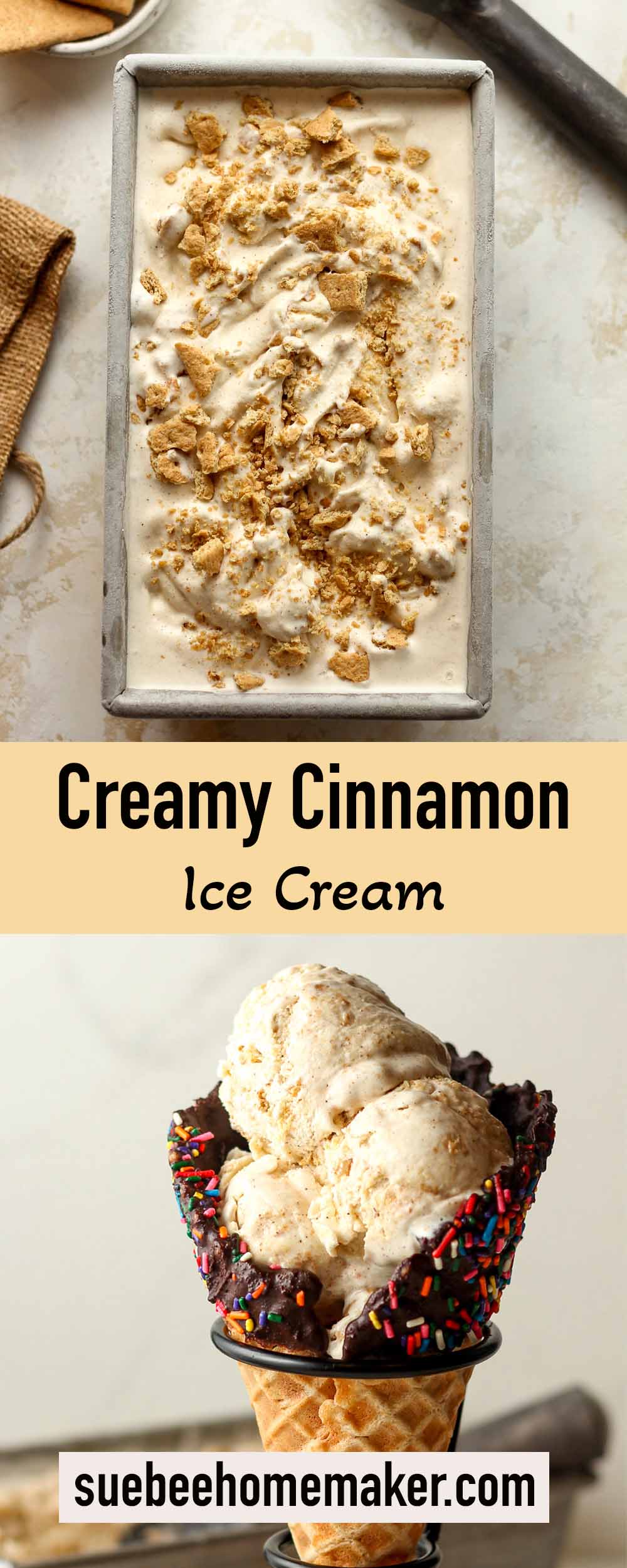 Two photos of creamy cinnamon ice cream with graham crackers.