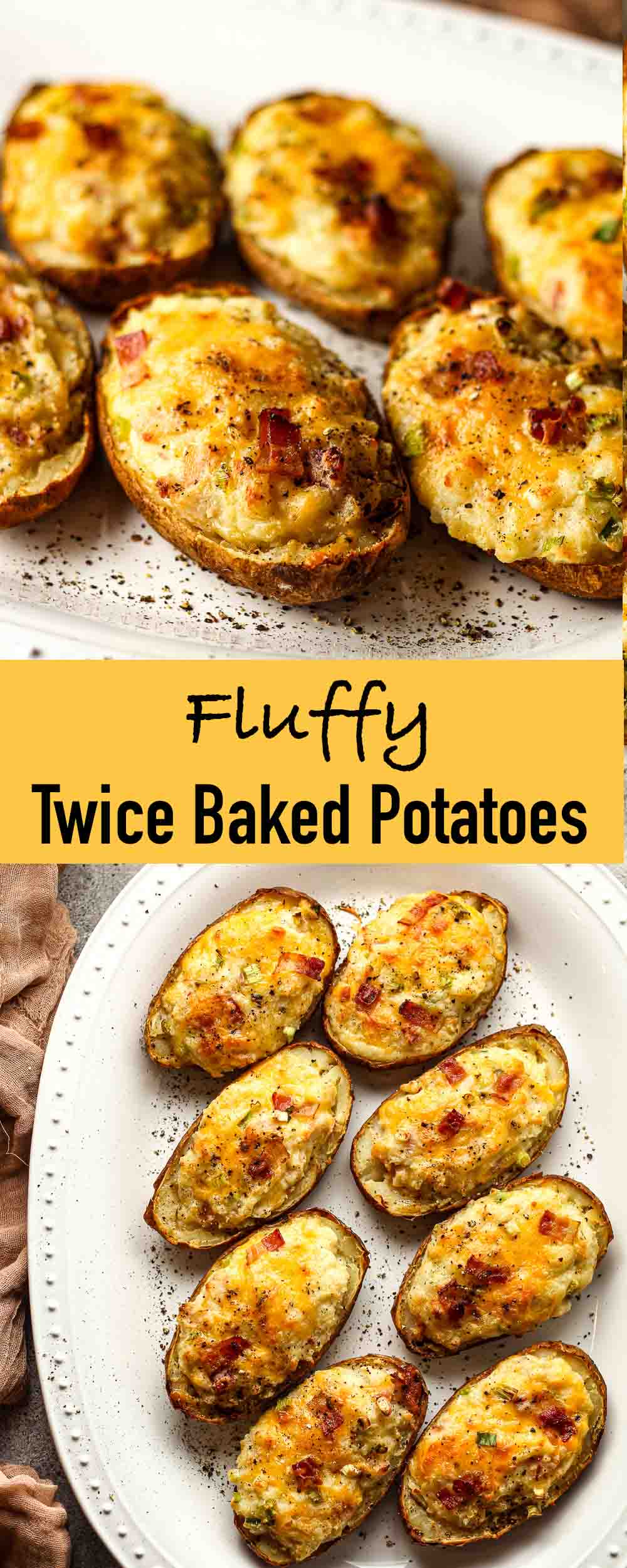 Two photos of fluffy twice baked potatoes on a platter.