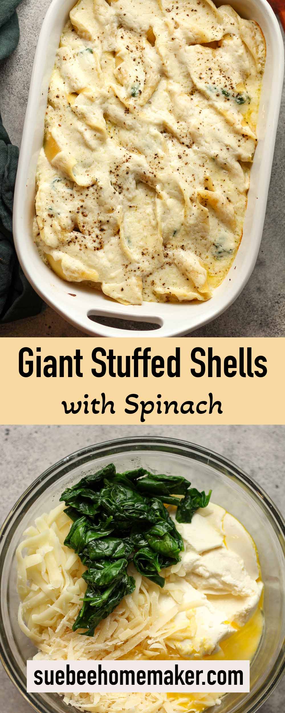 Two photos of giant stuffed shells with spinach.