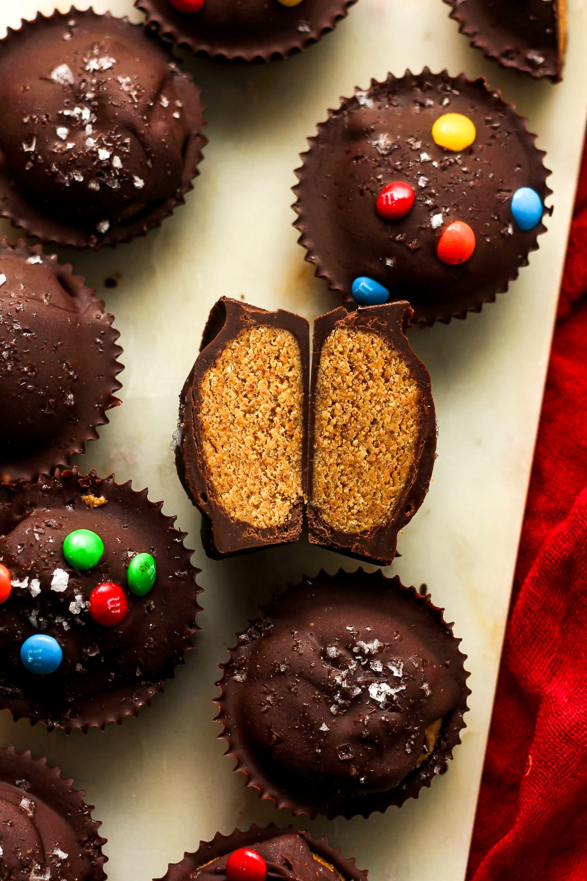 Overhead view of a halved healthy peanut butter cup.