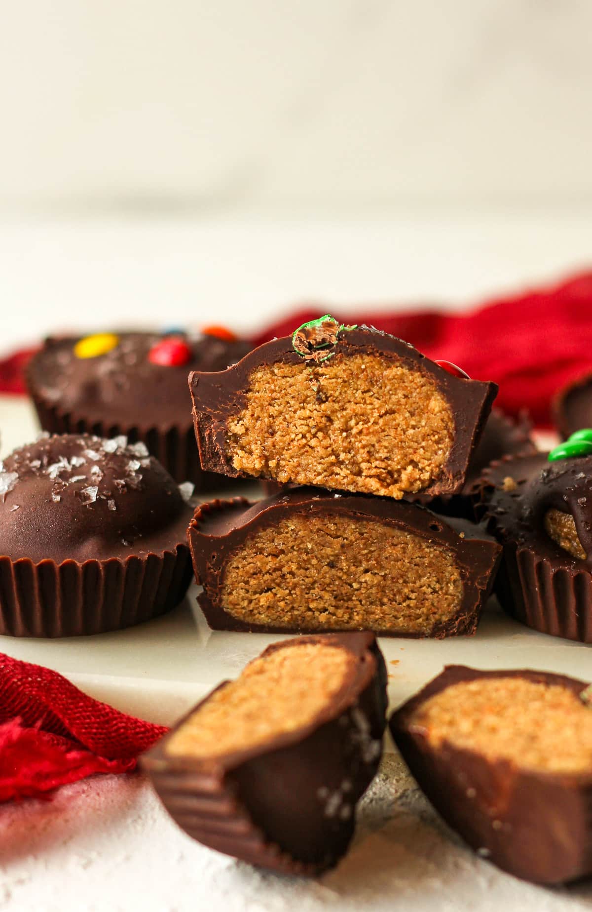 Some halved peanut butter cups - stacked.