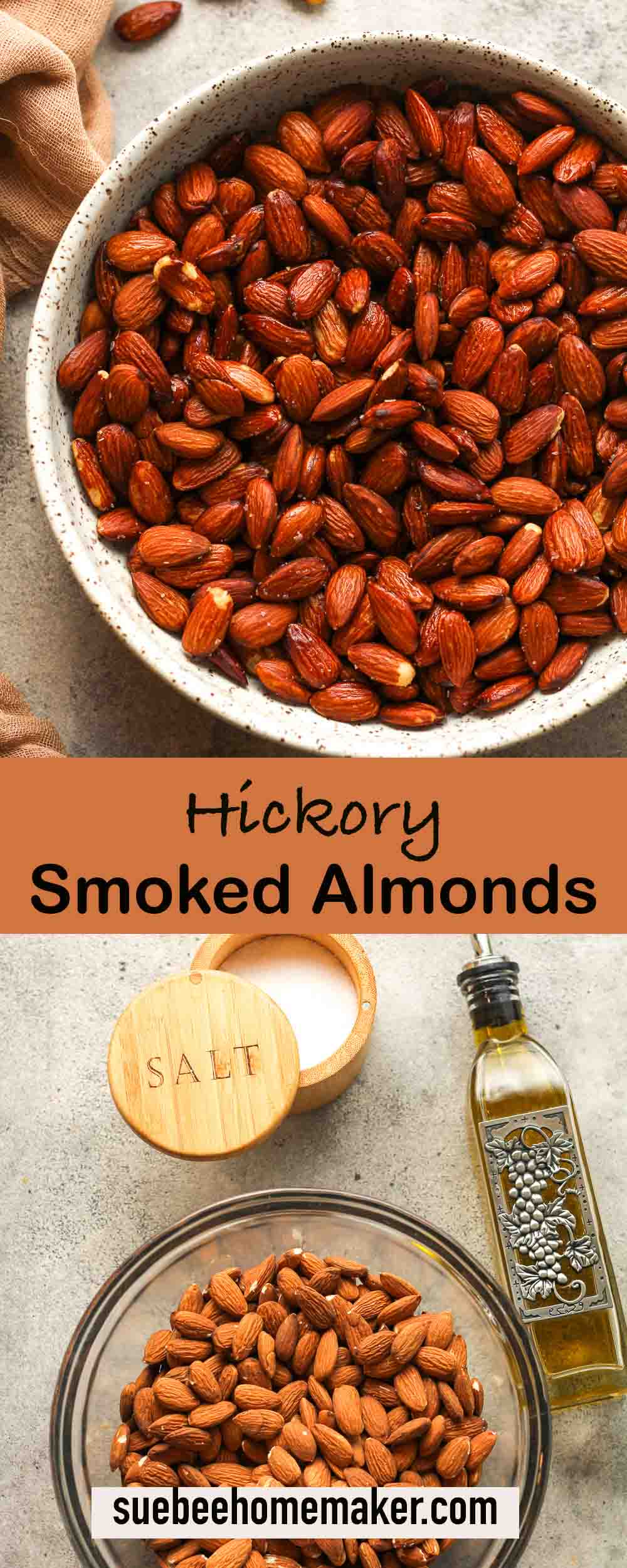 Two photos of Hickory Smoked Almonds, including ingredients.