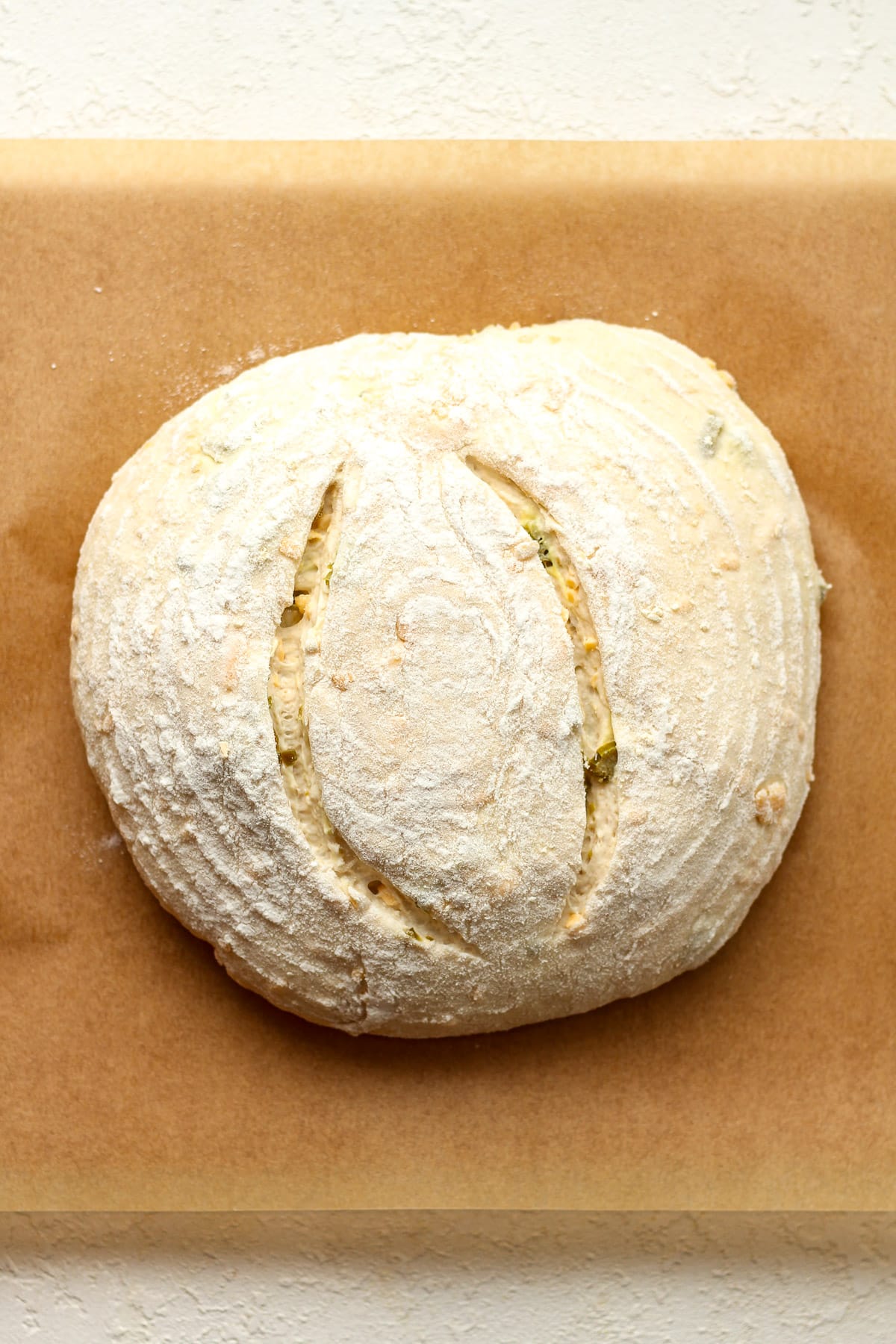 The dough with slashes on the top.