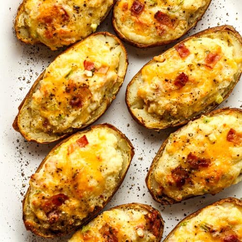 A platter of 8 twice baked potatoes.