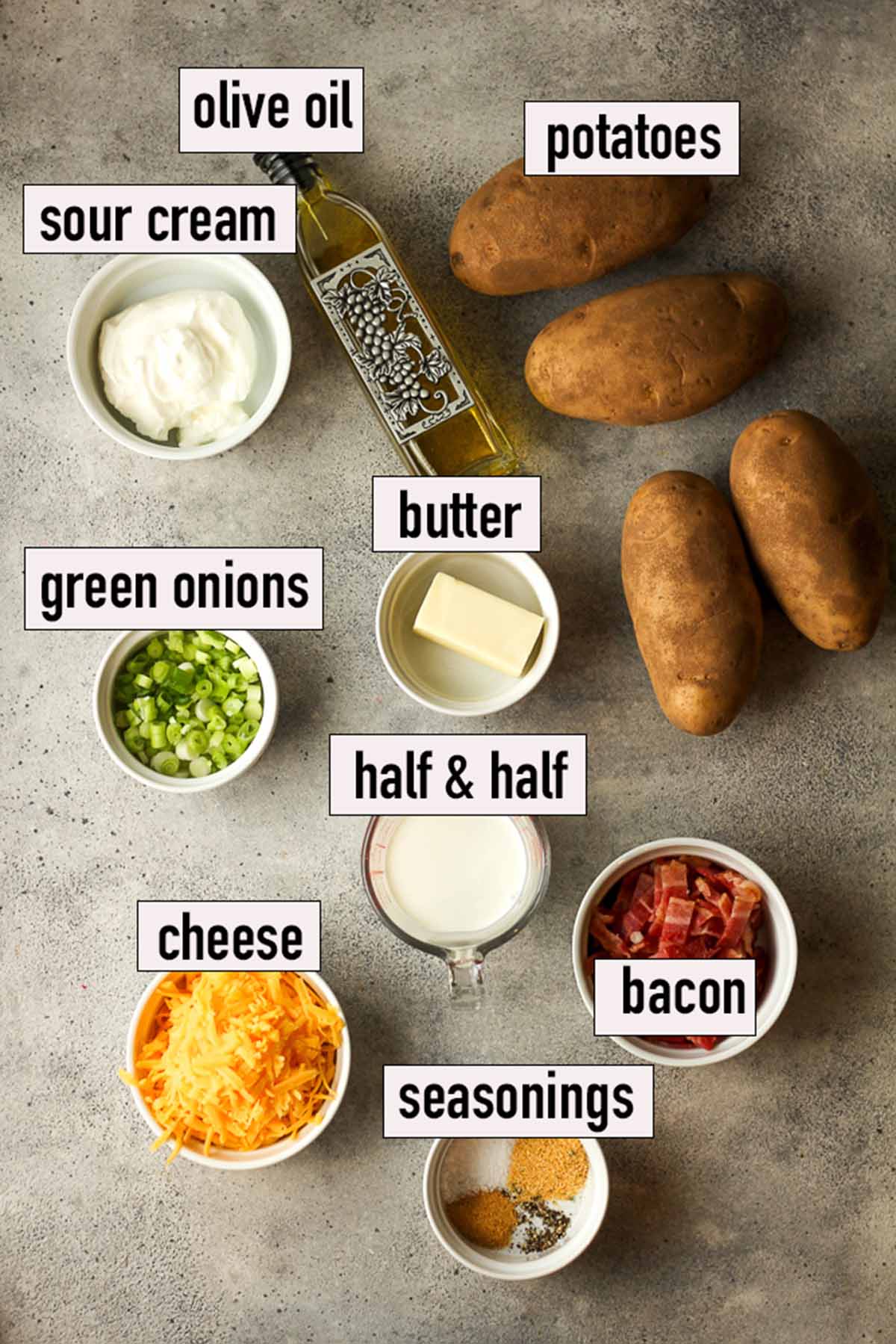 The labeled ingredients for the twice baked potatoes.
