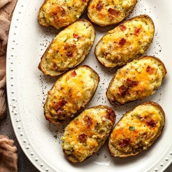 A platter of twice baked potatoes.