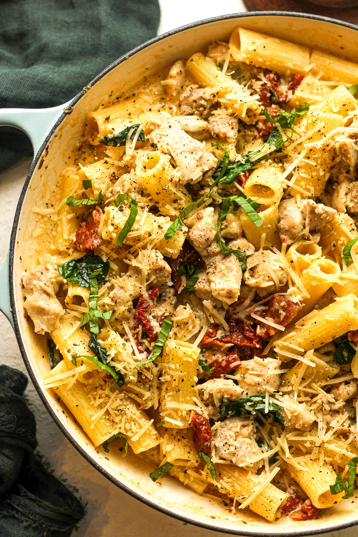 Closeup view on part of a pot of chicken and pasta with sun-dried tomatoes.