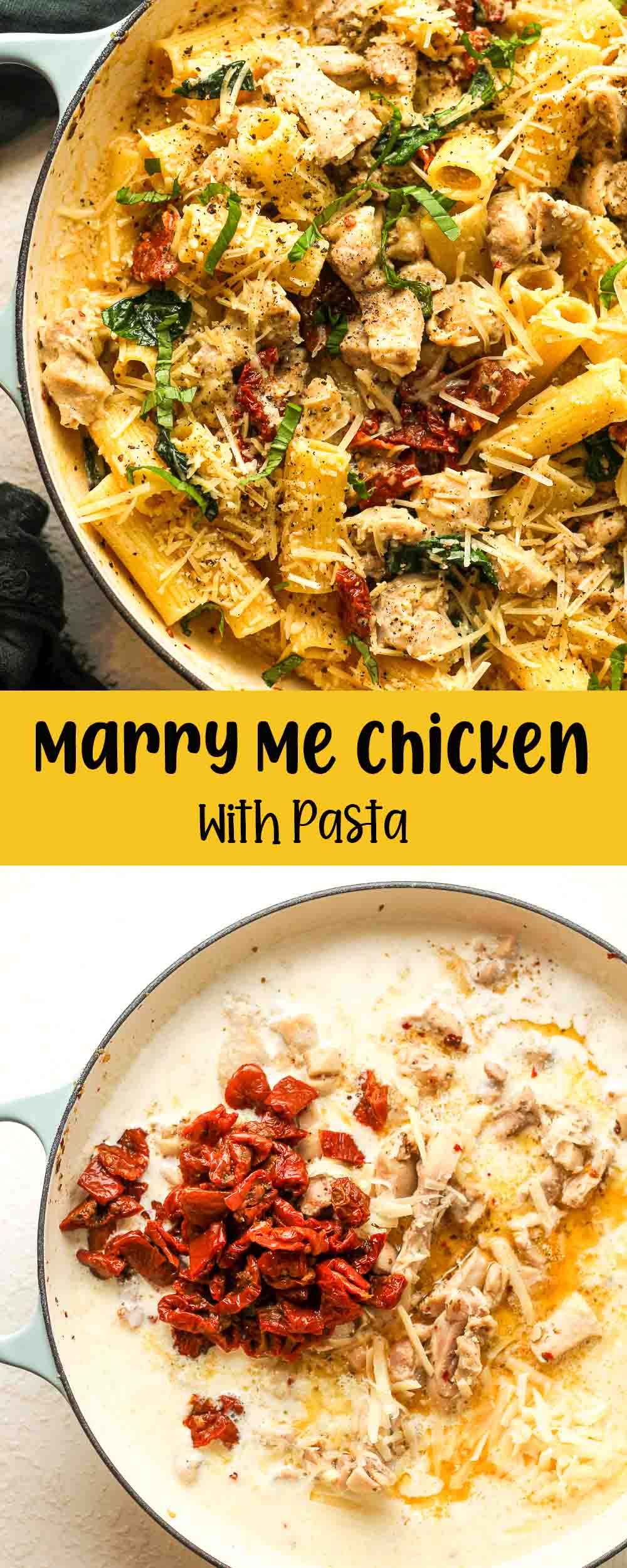 Two photos of Marry Me Chicken with pasta.