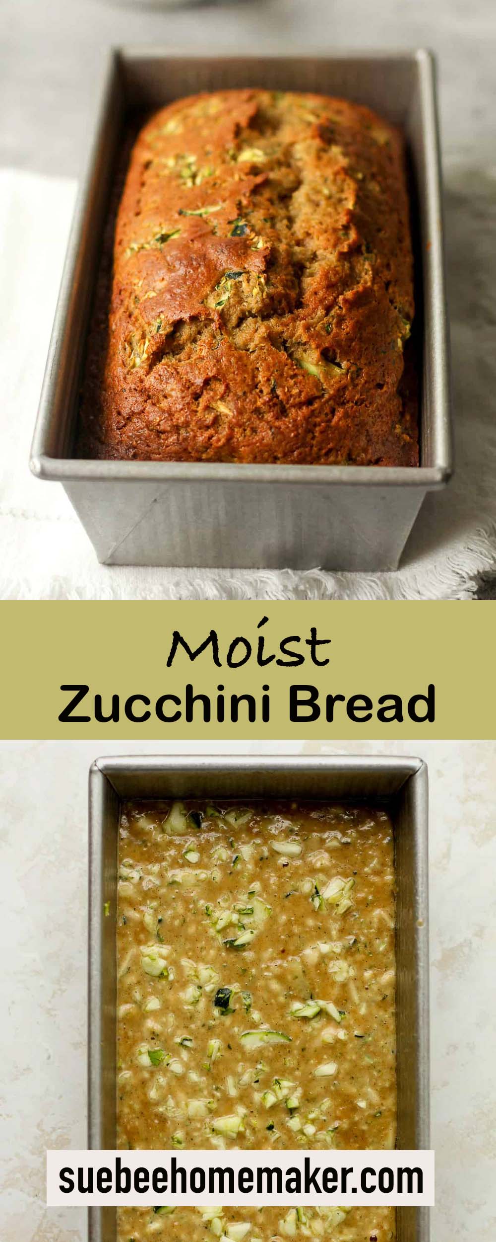 Two photos of moist zucchini bread.