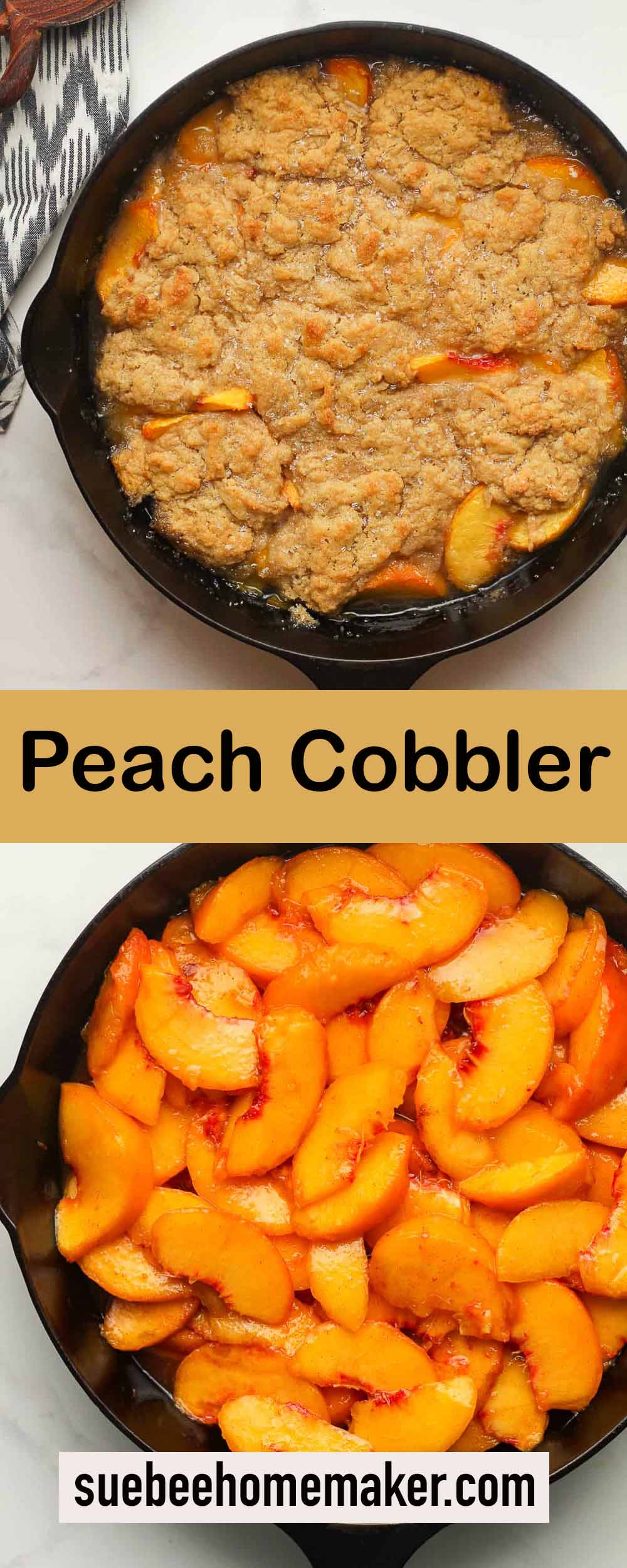 Two photos for peach cobbler in a skillet.