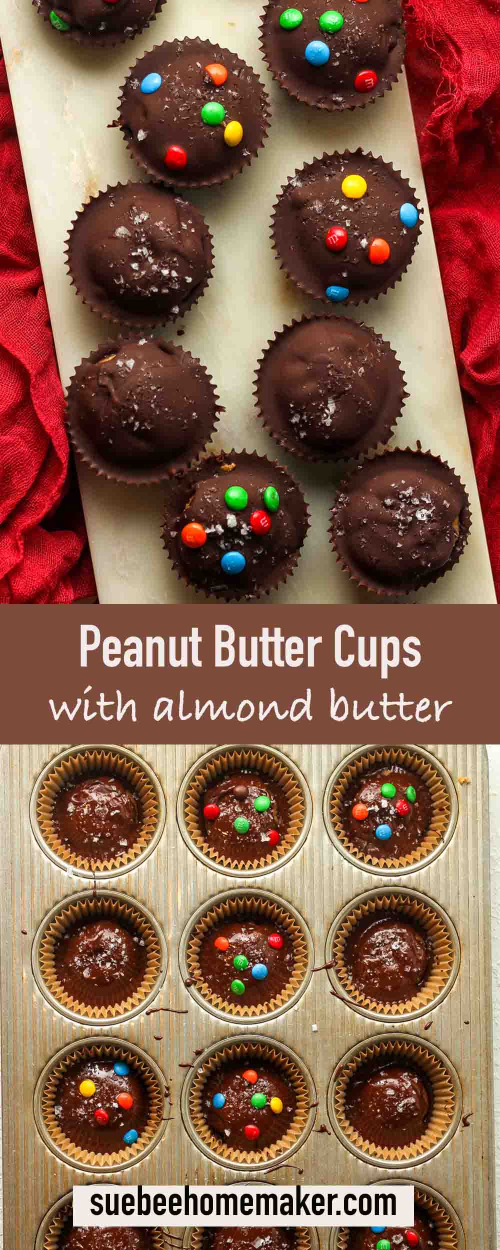 Two photos of peanut butter cups with almond butter.