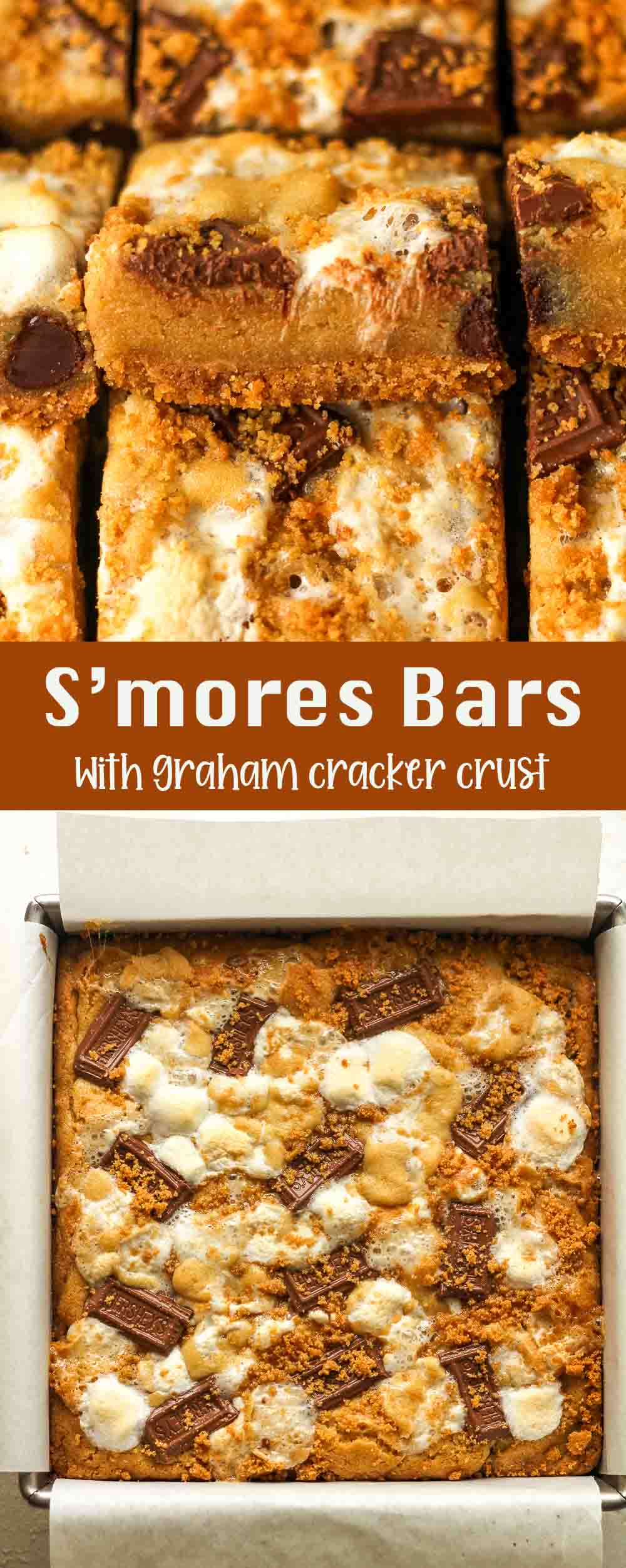 Two photos of S'mores Bars with a graham cracker crust.